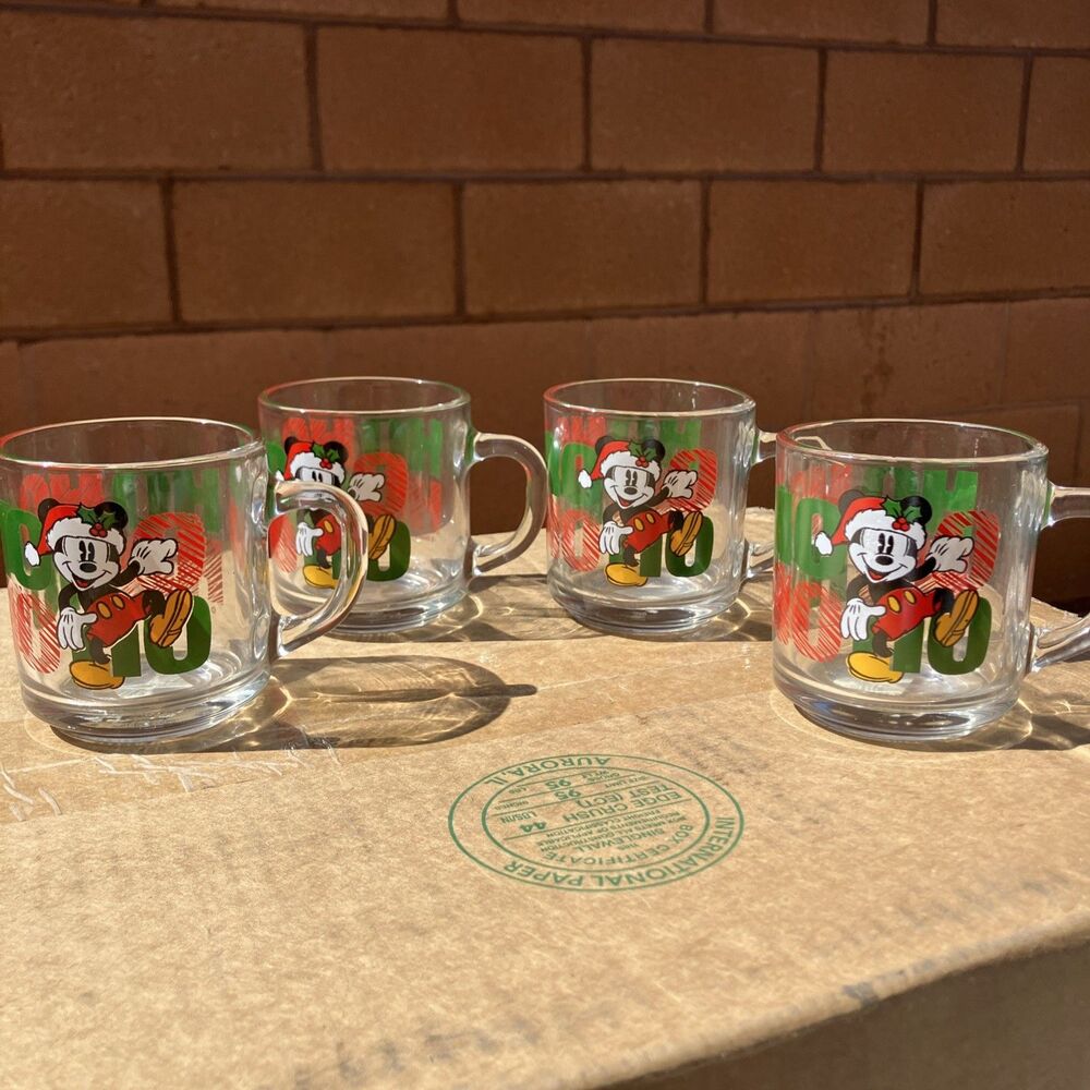 Set of 4 Anchor Hocking Clear Glass Disney Mickey Mouse Mugs Christmas Ho Ho Ho